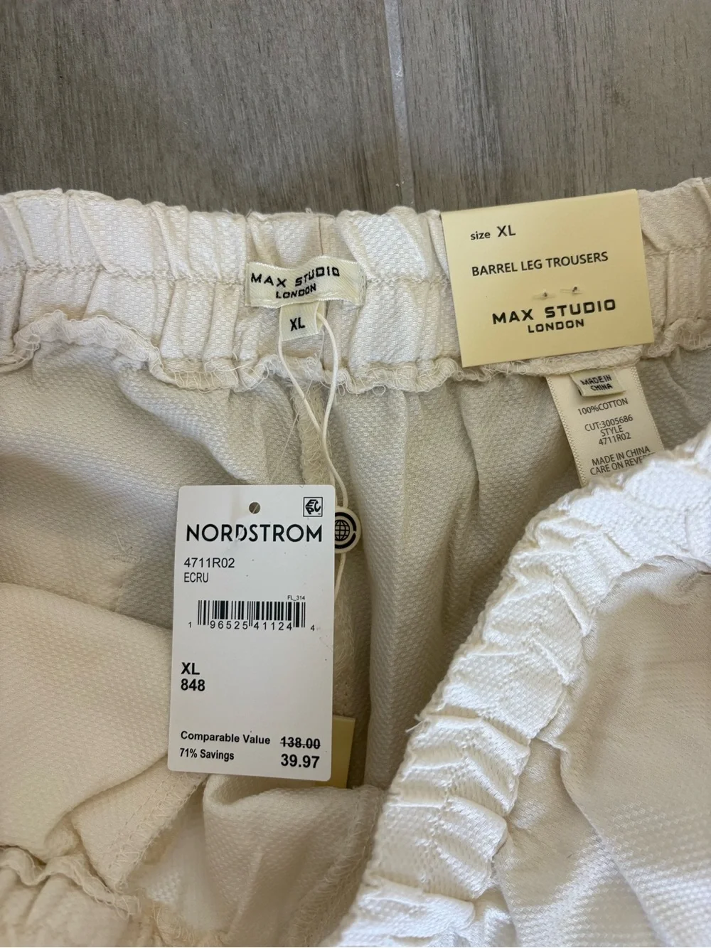 NWT Max Studio London Barrel Leg Trousers - Ecru Cream - Size XL - 100% Cotton